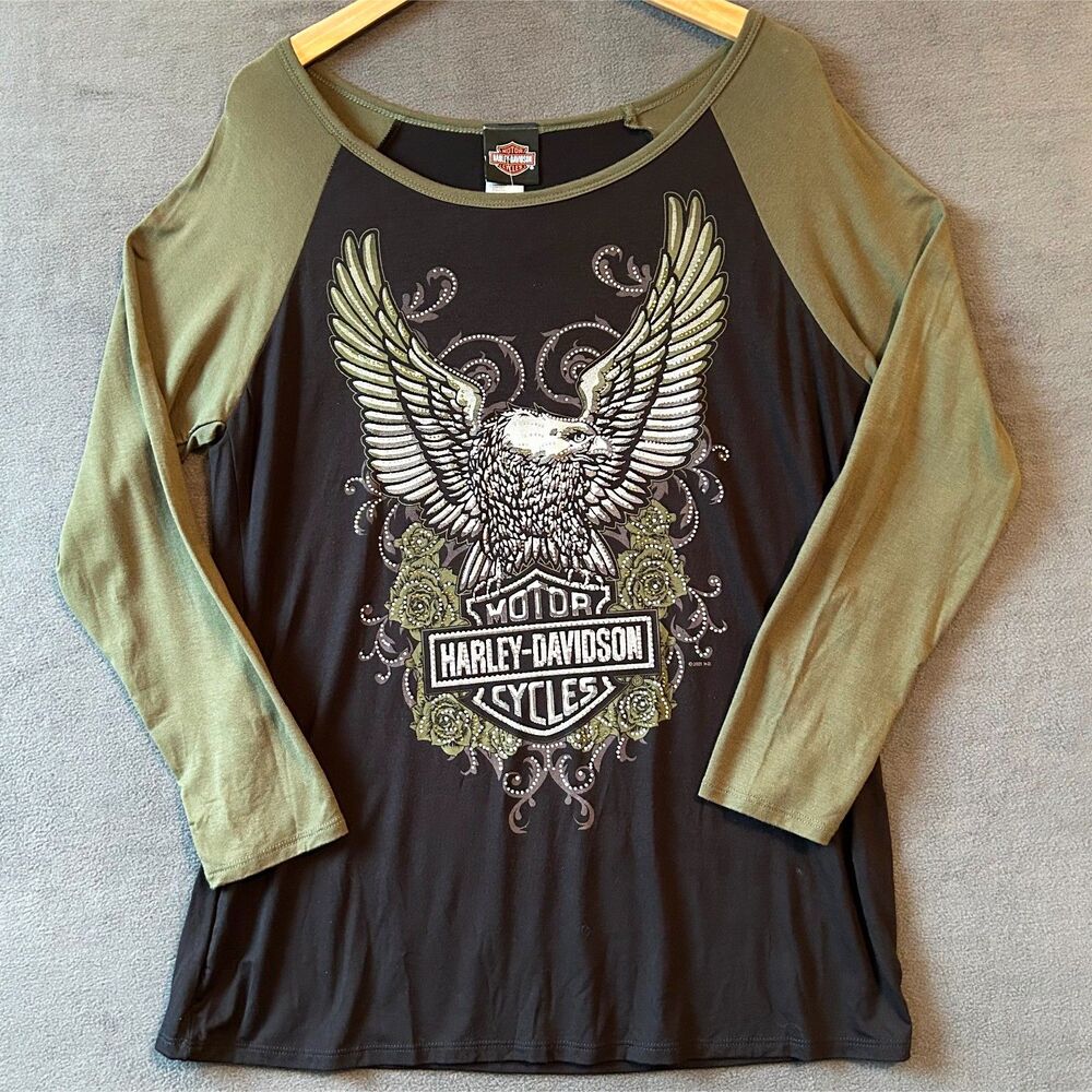 Harley-Davidson Eagle Long Sleeve T-Shirt Women's L Scoop Neck Black Olive